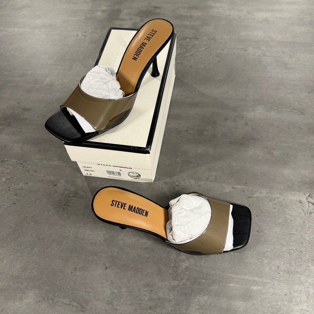 Steve Madden Sandals Womens 7.5 Heart Smoke Black Square Toe Kitten Kendrix Heel